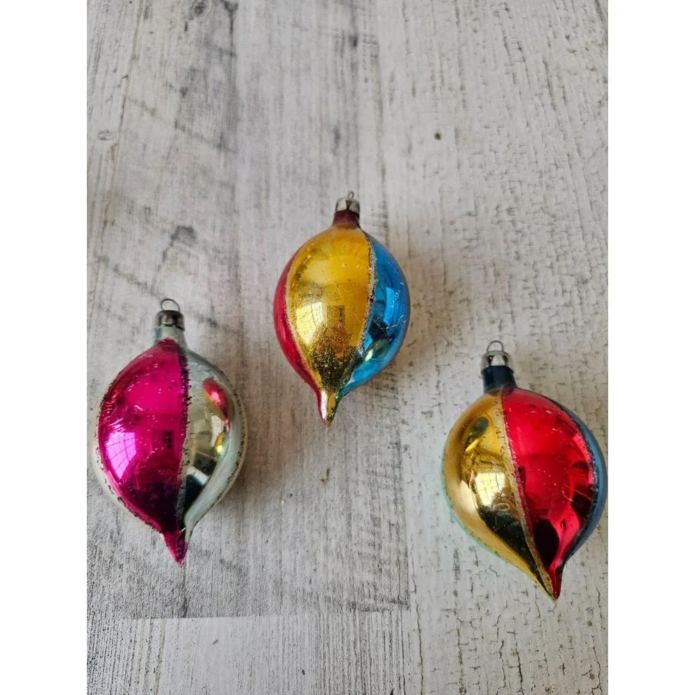 Vintage striped poland indent mini ornament reflector Mercury glass pink blue se